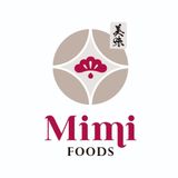 Logotipo de Mimi Foods con emblema floral beige, detalles en magenta y texto en japonés.