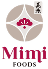 Logotipo de Mimi Foods con emblema circular beige, marca floral magenta y caracteres japoneses sobre el nombre.