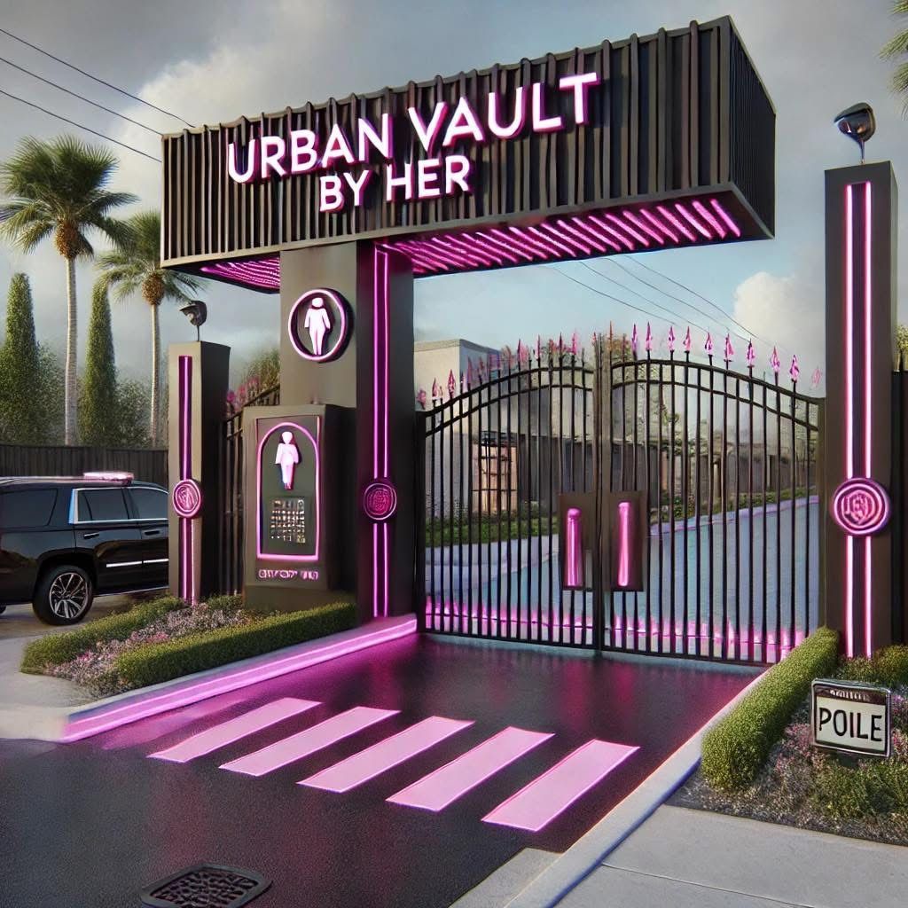 A sign that says urban vault by her on it