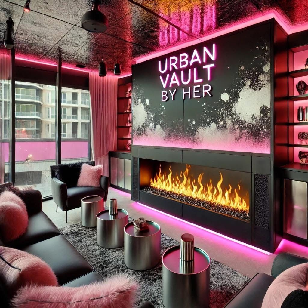A living room with a fireplace and a sign that says urban vault by her