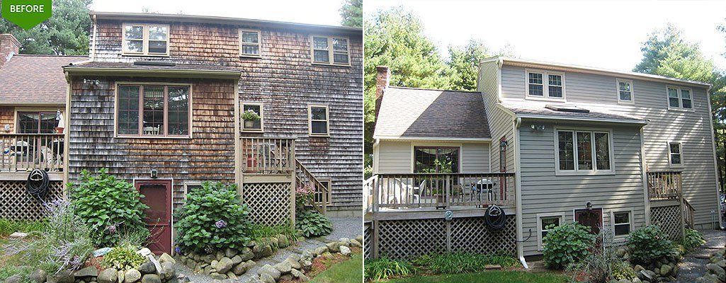Before and after of a two-story home, showing its exterior renovation. The aged wood siding on the left side is replaced with gray siding. New Website | MasterCraft Roofing, Siding & Windows | Serving Eastern MA, NH & Selected Areas of VT