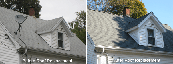 Comparison of a house roof before and after replacement; gray shingles, white trim, chimney, and blue sky. Before and After | MasterCraft Roofing, Siding & Windows | Serving Eastern MA, NH & Selected Areas of VT