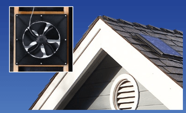 Close-up of a house roof with a solar attic fan and a small solar panel against a blue sky. Solar Vent | MasterCraft Roofing, Siding & Windows | Serving Eastern MA, NH & Selected Areas of VT