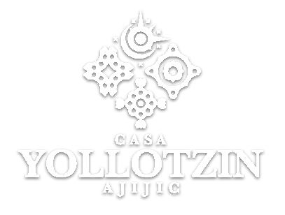 A white logo for a restaurant called casa yollotzin ajijic on a white background.