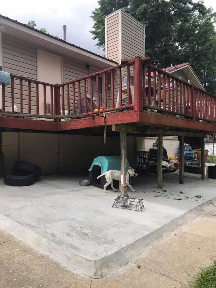 Backyard deck with red railing over a concrete patio; white dog near a broom under the deck.