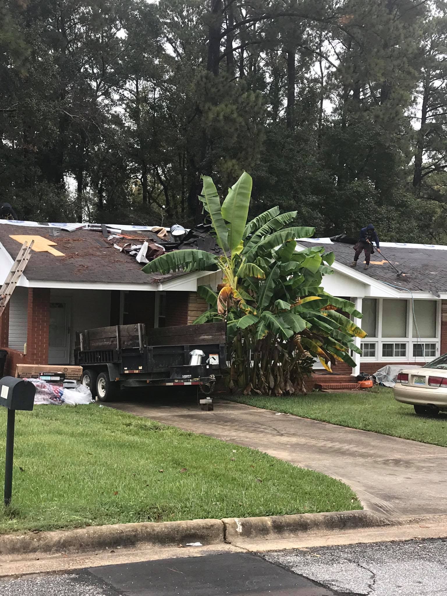Residential houses with a damaged roof beside a driveway, surrounded by trees and a large banana plant.