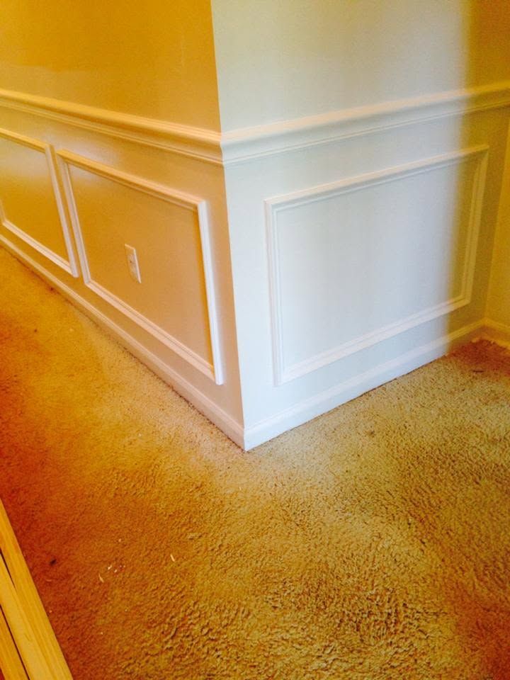 White paneled wall corner with beige carpet and baseboard trim in a hallway