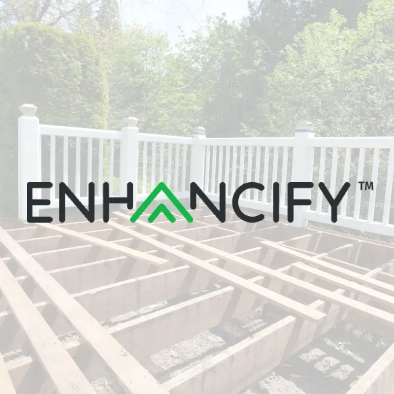 ENHANCIFY logo over a faded deck framing scene with white railings and trees in the background