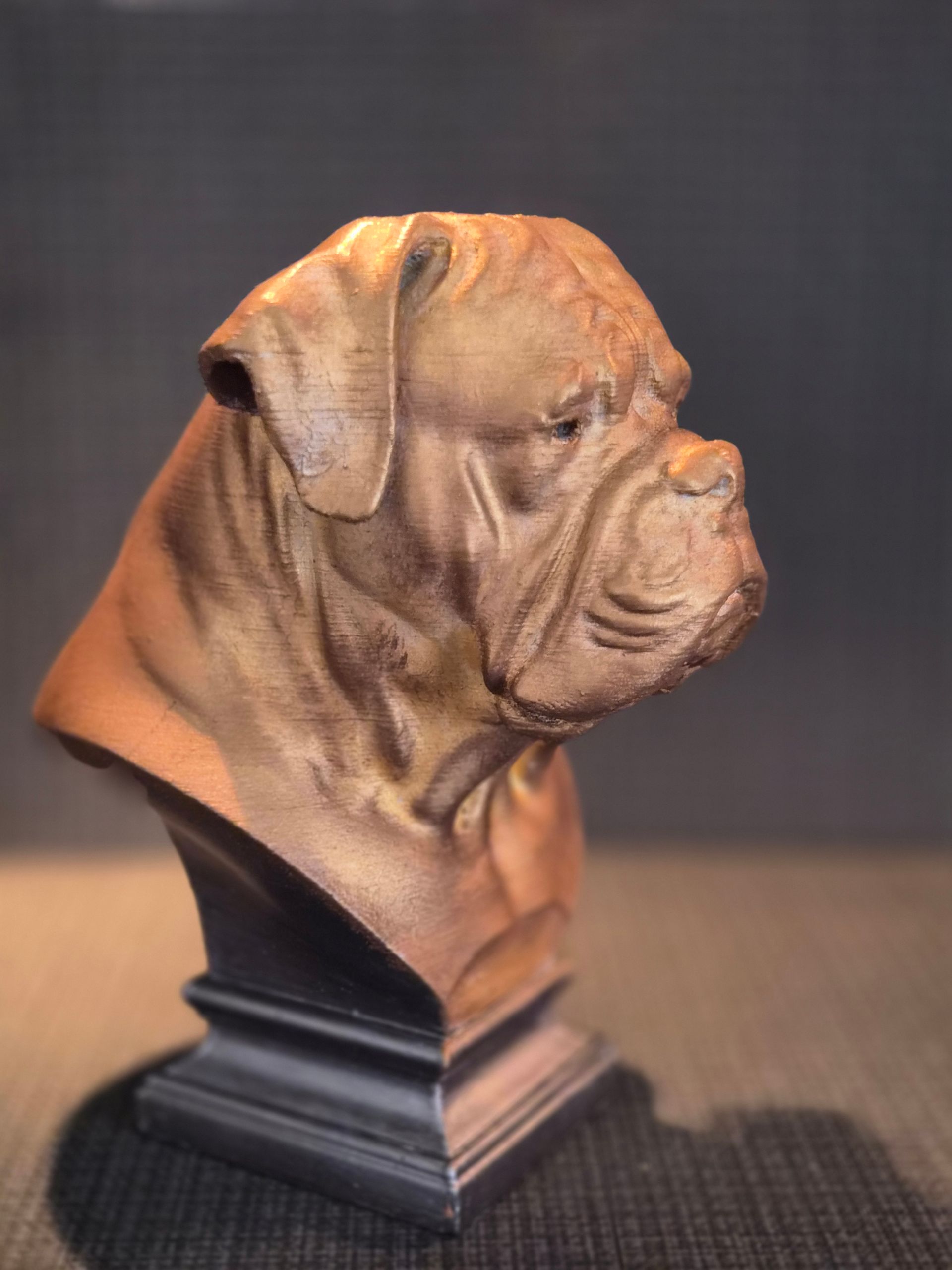 Een bronzen sculptuur van een pitbullkop met een vrolijke uitdrukking en uitgestoken tong, zittend op een fornuis.