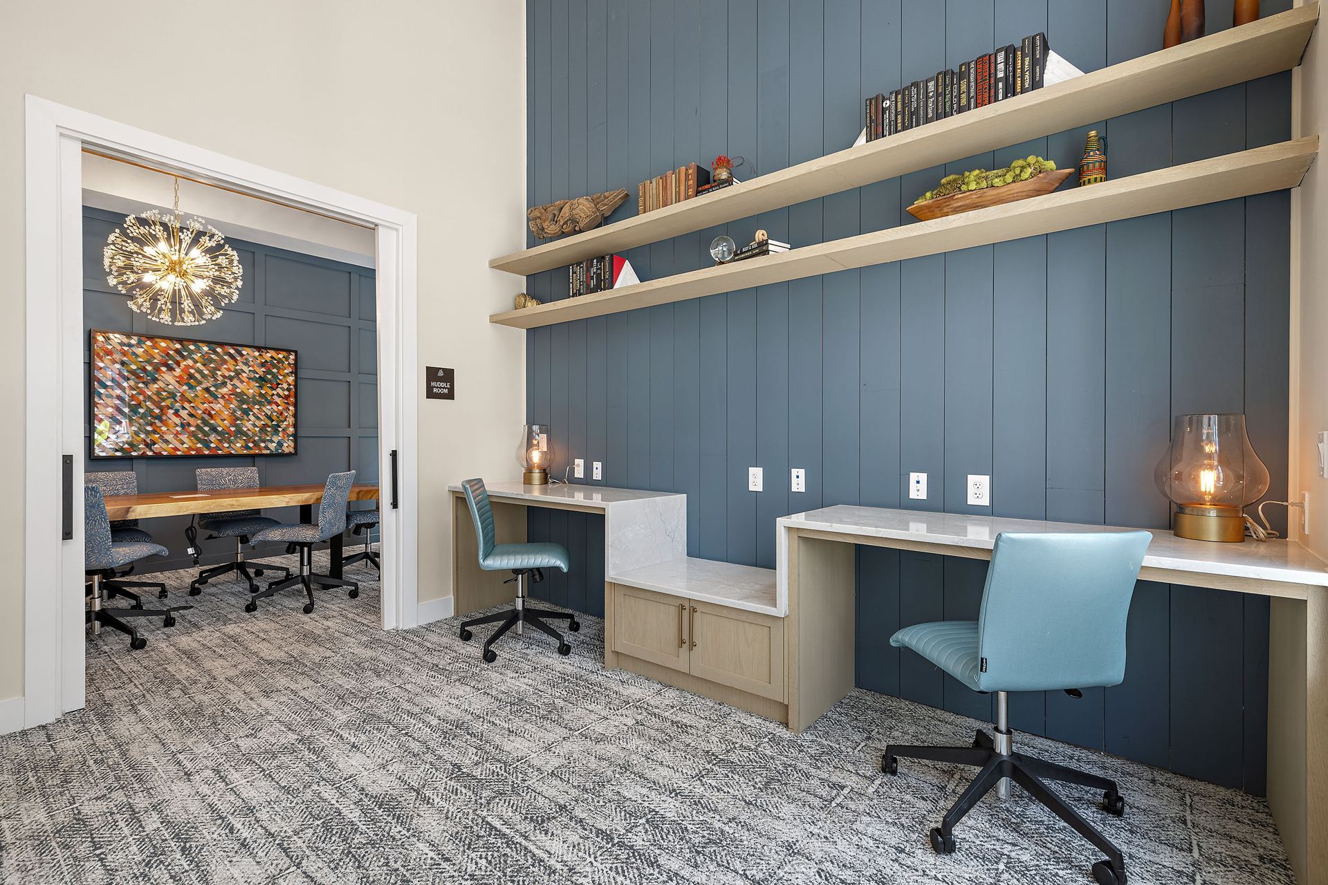 An artist's impression of the community business center with two desks and chairs at The Avery, offers apartments for rent in Brushy Creek Austin, TX.