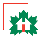 Green maple leaf with a white house silhouette, red door and line.