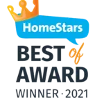HomeStars Best of Award Winner 2021 logo. Blue speech bubble with gold crown, text in blue and black.