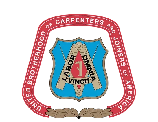 Seal of United Brotherhood of Carpenters and Joiners of America: red border, central blue shield with tools and text