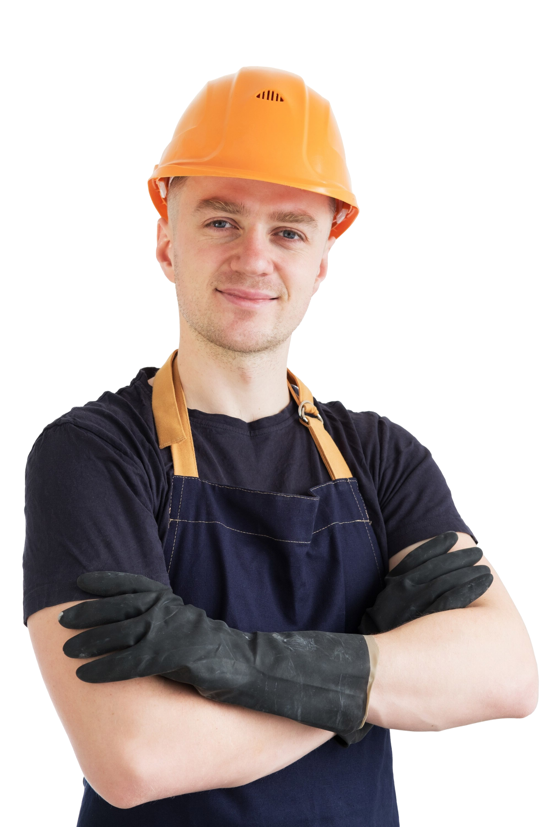Man wearing orange hard hat, apron, and gloves with arms crossed, smiling.