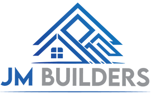 JM Builders logo with blue roof icon and gray-blue text on white background