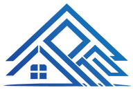 Blue house logo with rooflines and windows