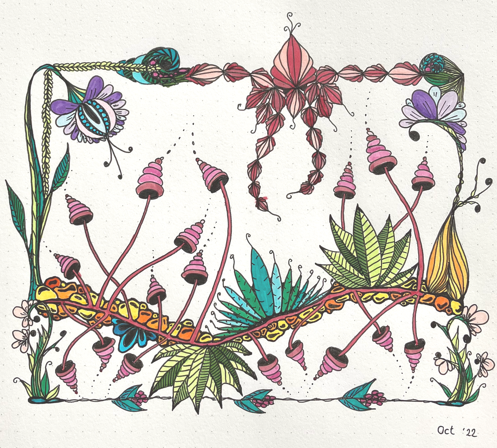 Een speelse illustratie van gestileerde, kleurrijke planten en paddenstoelen met ingewikkelde patronen en lineaire randen.