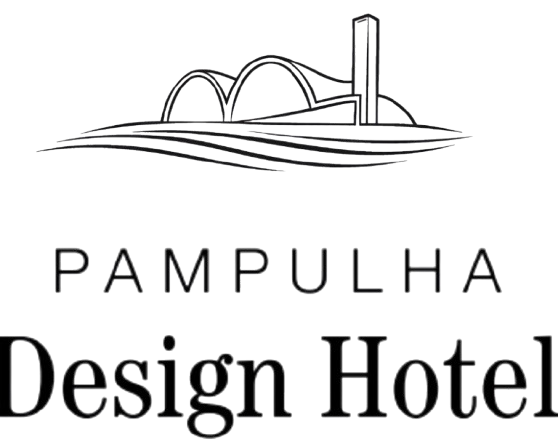 Logotipo do Pampulha Design Hotel com uma ponte estilizada acima do texto em fundo branco.