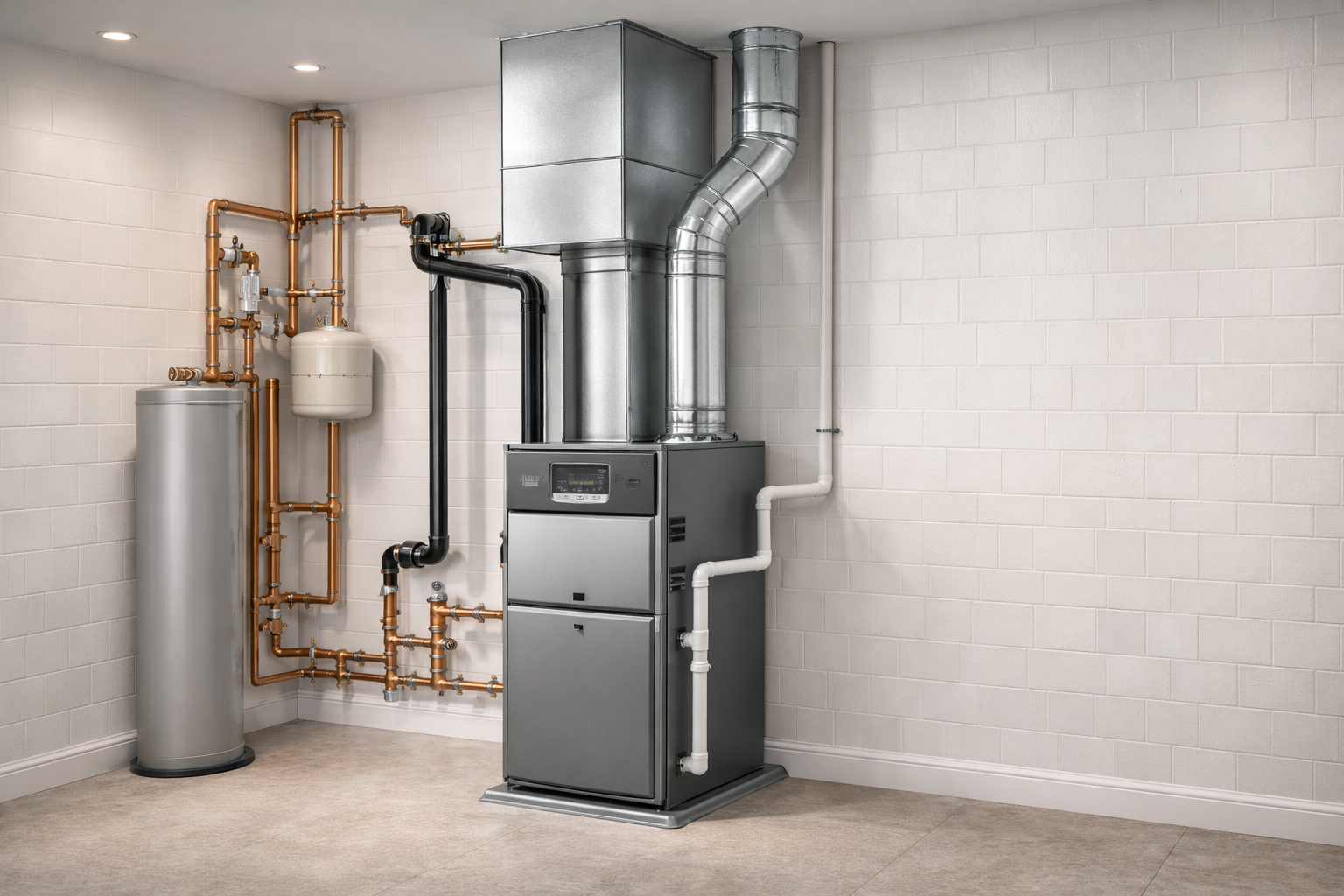 Gray HVAC furnace with silver ductwork in a basement on a plywood floor