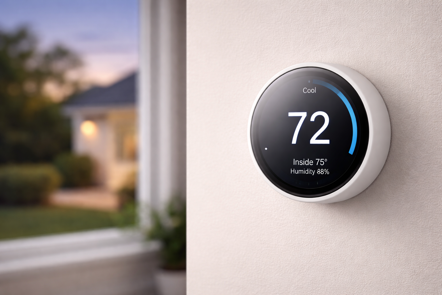 Smart thermostat on a wall displaying 72°F, with a blurred home exterior in the background