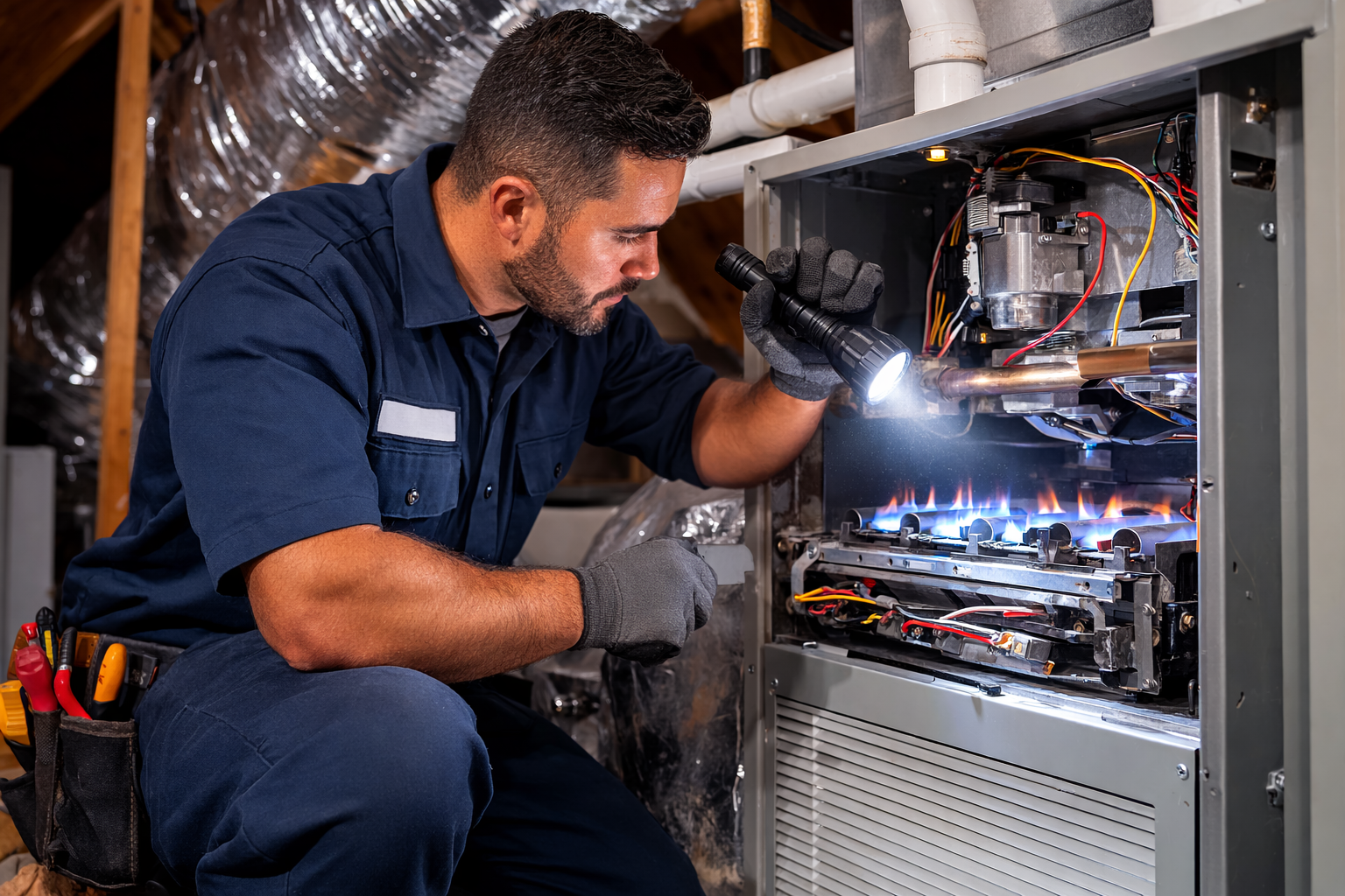 Technician inspecting industrial equipment with a handheld meter inside an open control cabinet