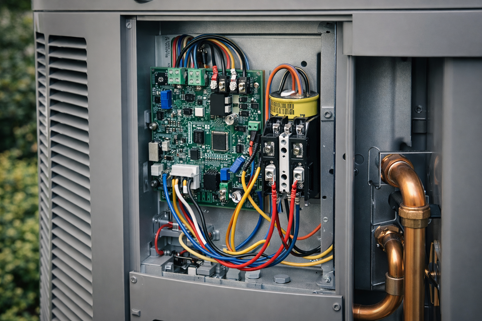Open server cabinet with exposed wiring, circuit boards, and metal components outdoors.