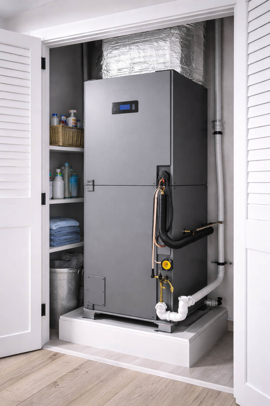 Gray HVAC furnace beside shiny insulated ductwork in a basement utility area