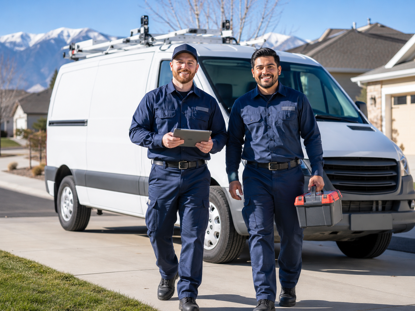 Two technicians loading equipment from a white service van on a residential street