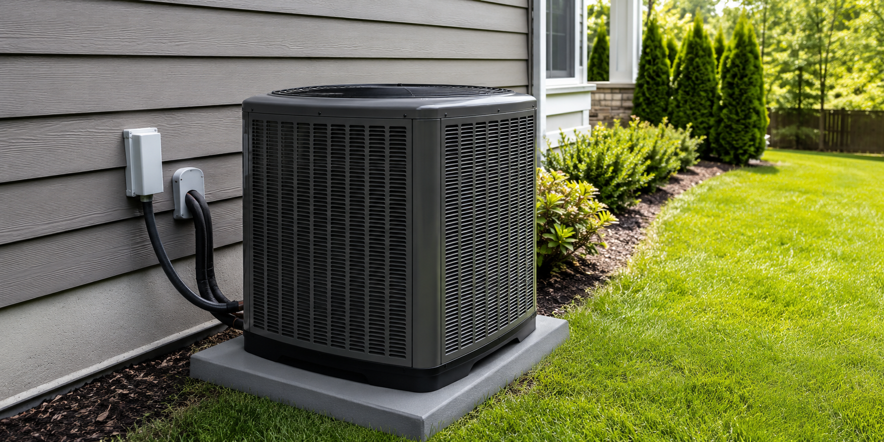 Outdoor HVAC condenser unit with service gauges and hoses attached beside a brick wall