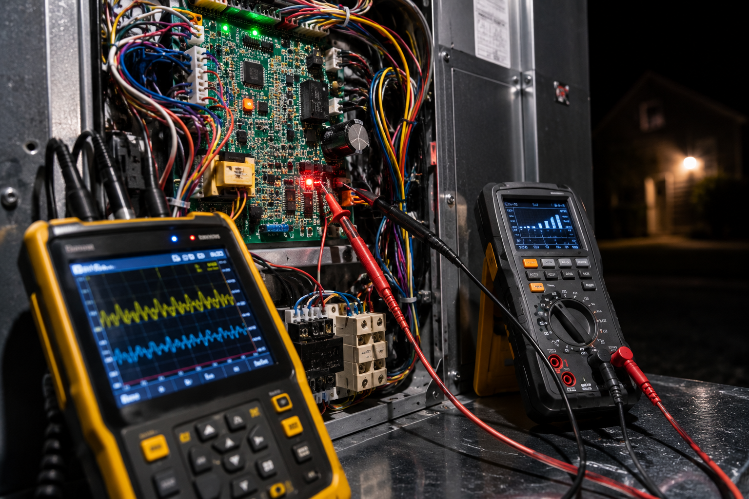 Two digital multimeters testing a circuit board with colorful wires inside an open electronics case