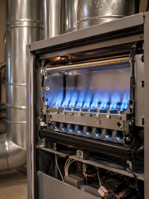 Blue gas flames on an industrial boiler in a metal utility room