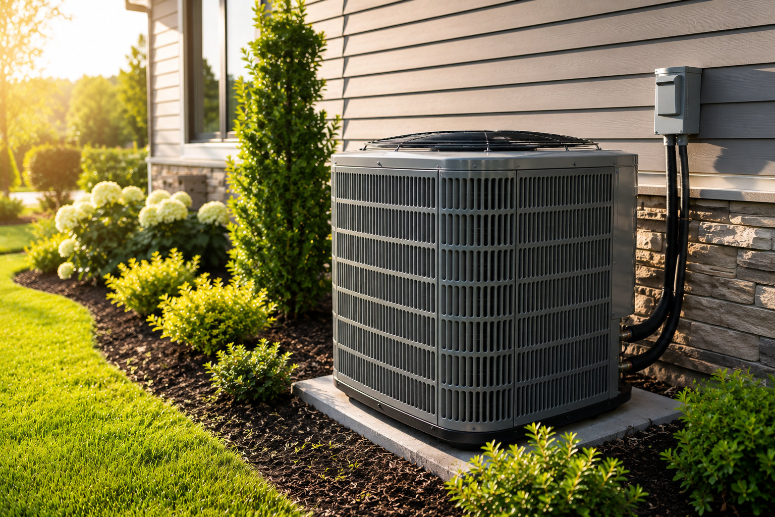 Outdoor HVAC unit beside a house, surrounded by shrubs in a landscaped yard at sunset