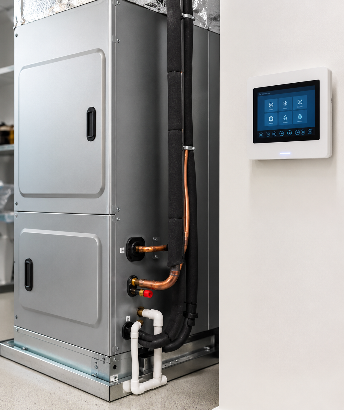 Large HVAC unit with touchscreen wall controller in a utility room