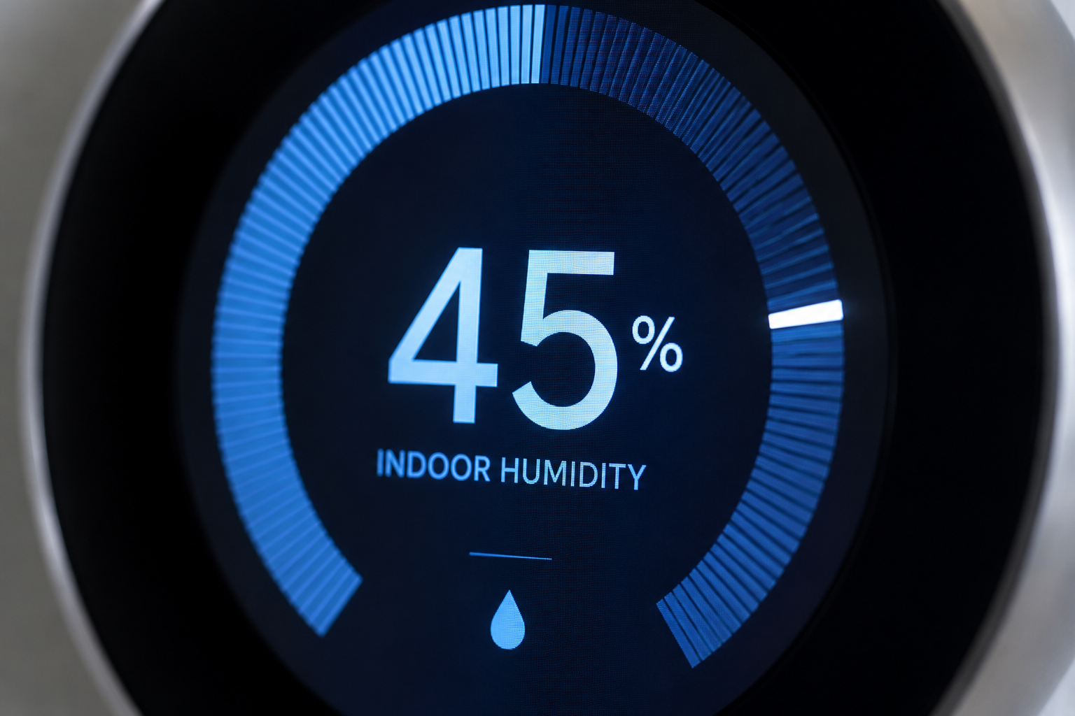 Digital display showing 45% indoor humidity with a blue circular gauge