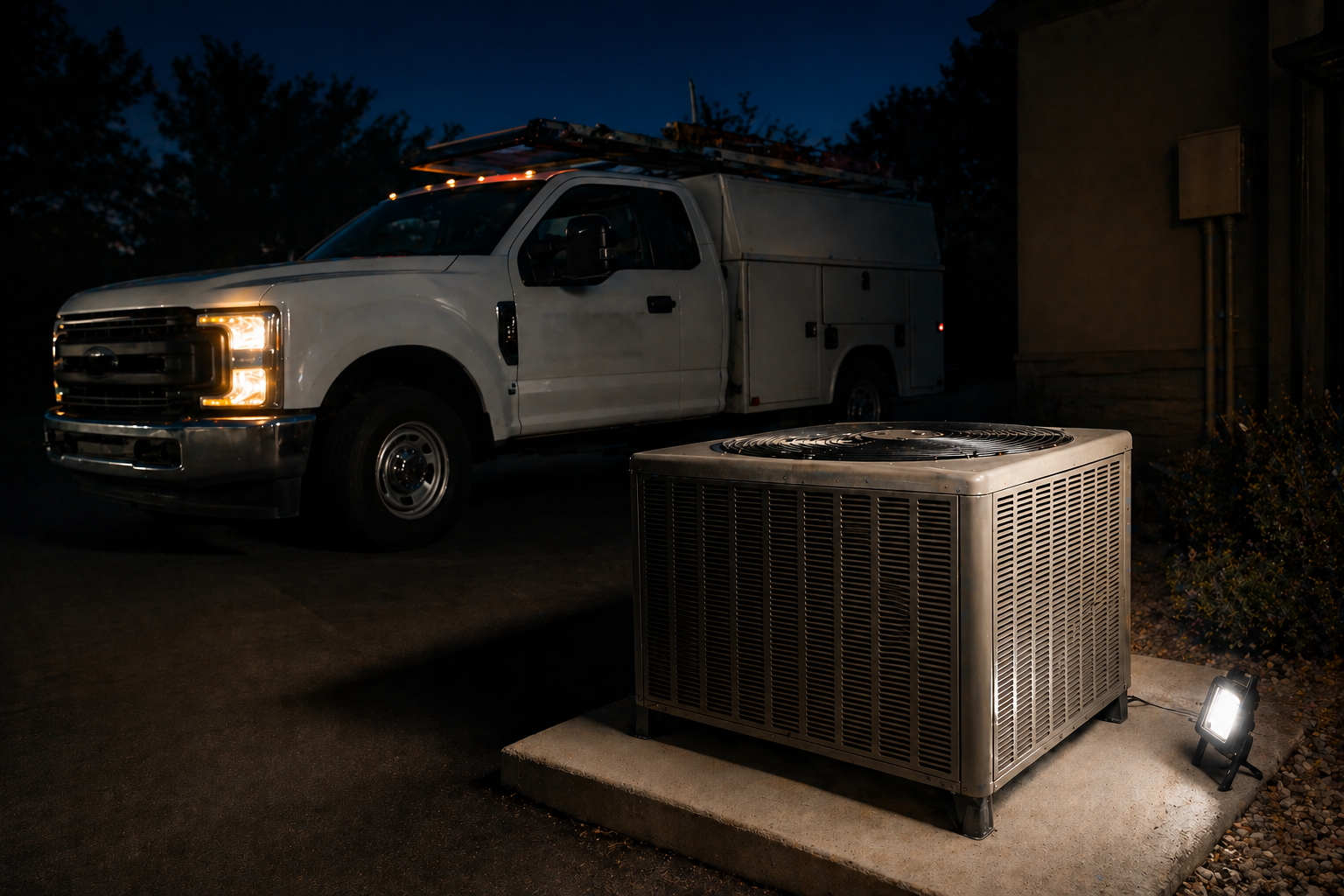 Outdoor HVAC service scene with a gray condenser unit, gauges, and tools on the ground