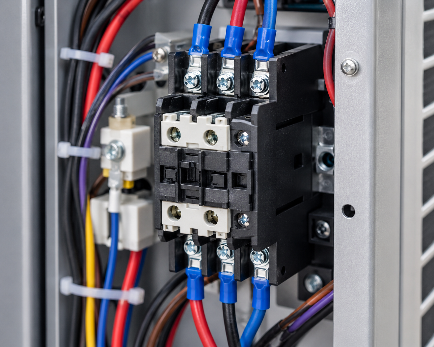 Close-up of an electrical contactor with blue and red wires inside a control panel