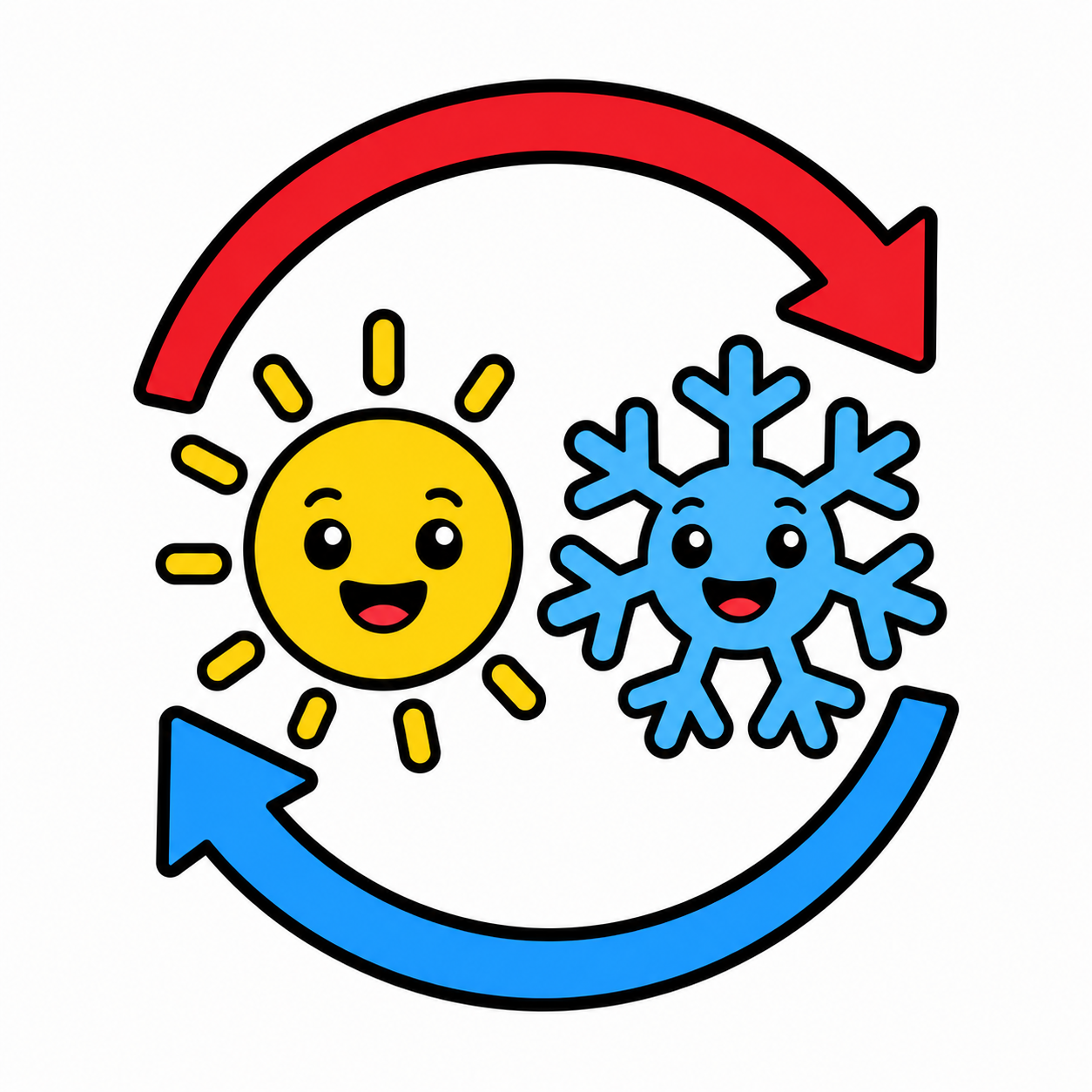 Blue snowflake and red flame inside a circular blue-red arrow loop icon