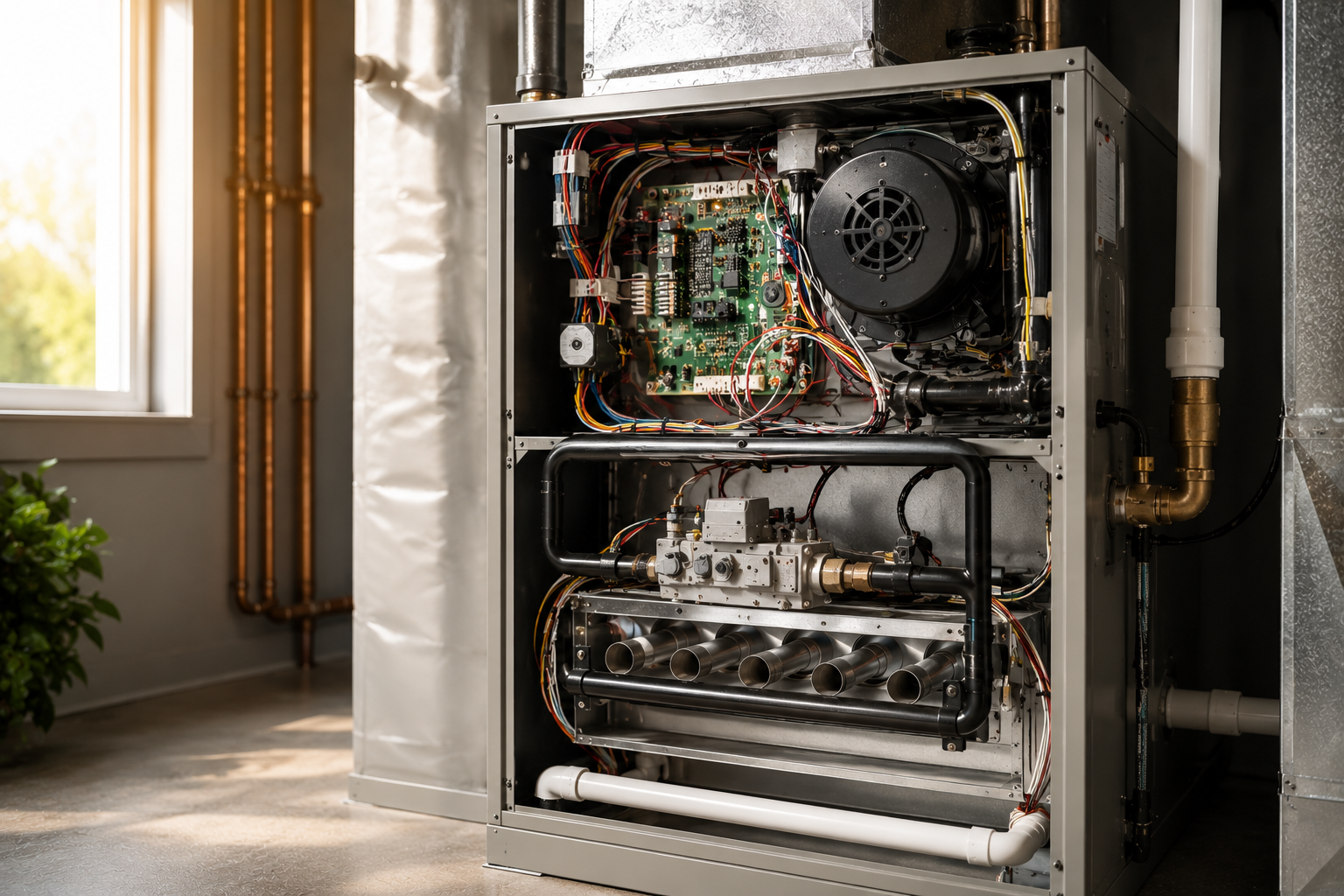 Open wall-mounted HVAC unit with exposed wiring and pipes in a bright utility room