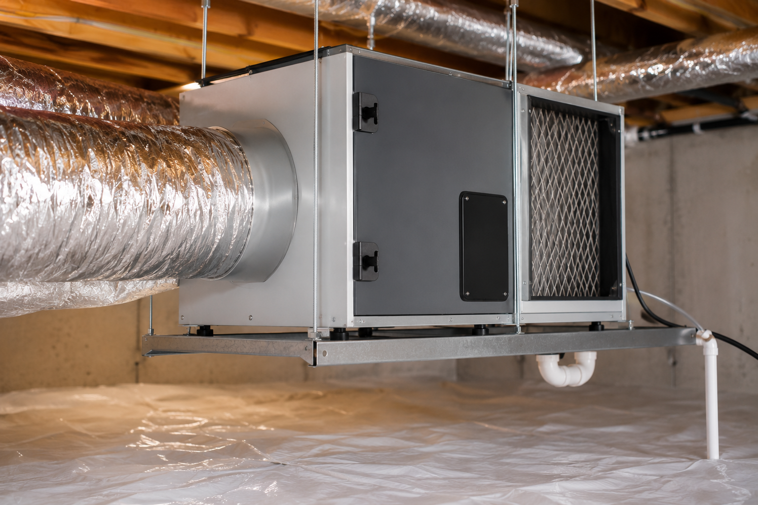 Attic HVAC unit with silver ductwork and insulated floor insulation under exposed wooden beams