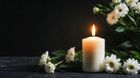 Lit white candle with daisies and green leaves on a dark background