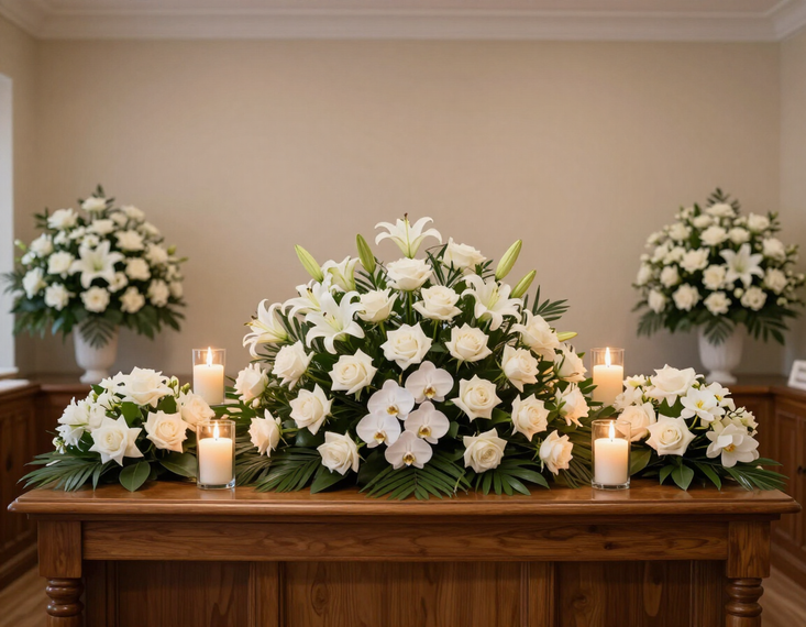 Arreglo floral blanco para funeral con velas sobre una mesa de madera para ataúd.