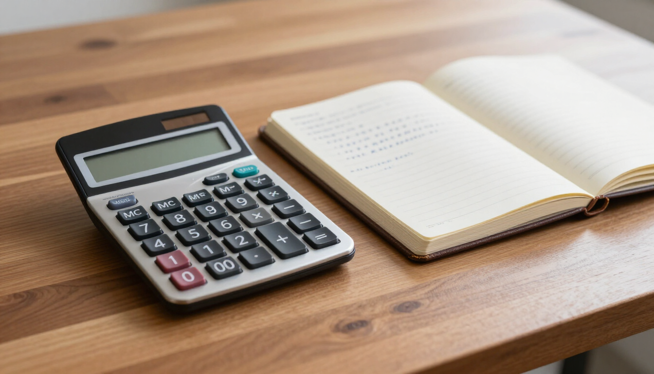 Calculadora y cuaderno abierto sobre un escritorio de madera.