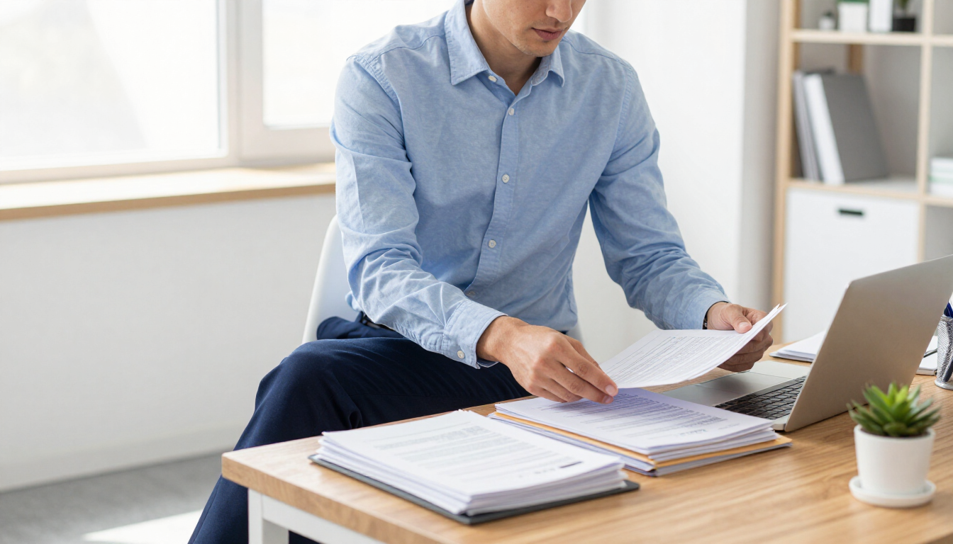 Una persona con camisa azul revisa documentos en un escritorio con una computadora portátil