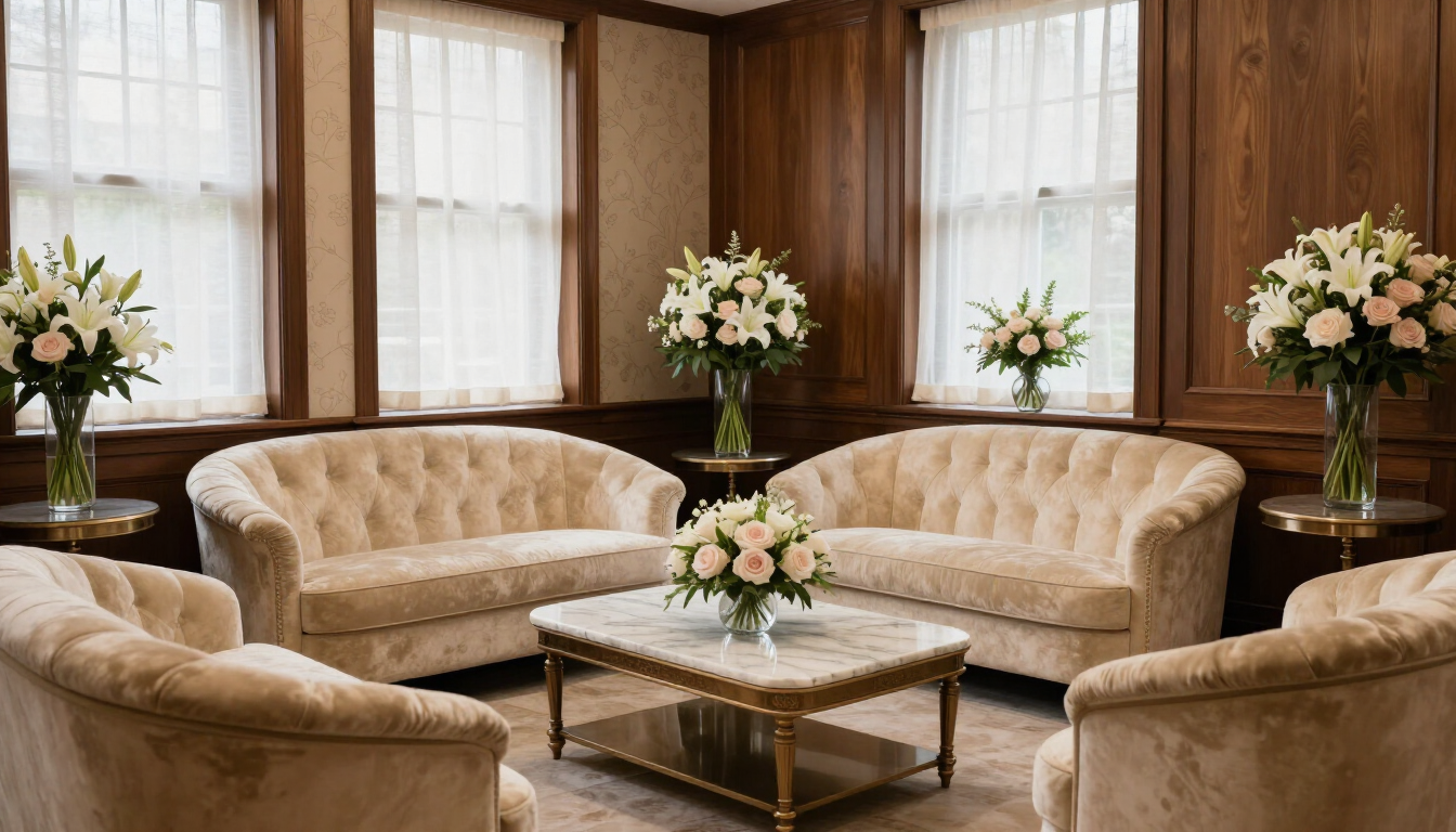 Elegante sala de estar con sofás beige, mesa de centro de cristal y arreglos florales junto a ventanas soleadas.