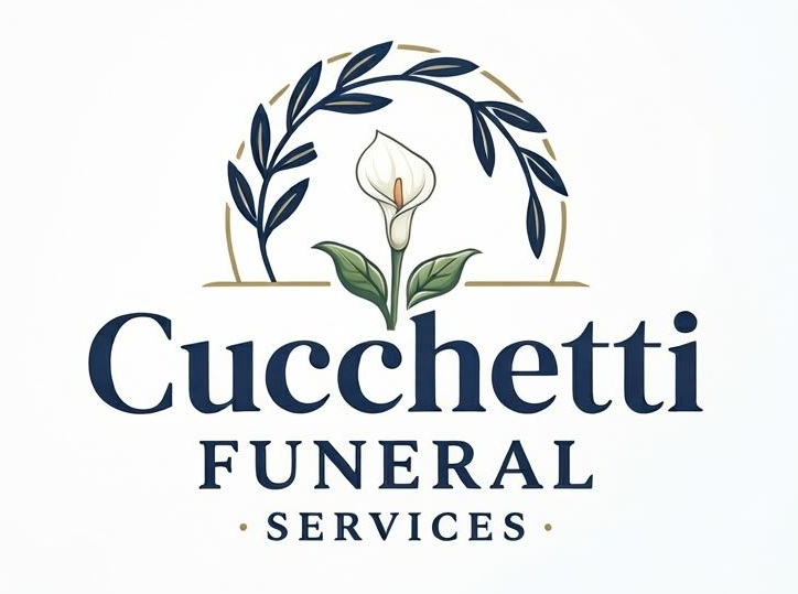 Logotipo de Cucchetti Funeral Services con texto azul, corona de olivo y lirio blanco sobre un fondo claro.