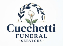 Logotipo de Cucchetti Funeral Services con texto azul, corona de olivo y lirio blanco sobre un fondo claro.