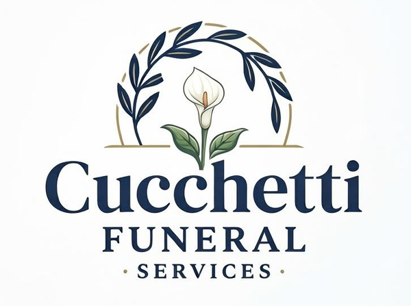 Logotipo de Cucchetti Funeral Services con texto azul, corona de olivo y lirio blanco sobre un fondo claro.