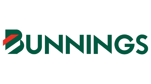 The bunnings logo is green and white with a red arrow.