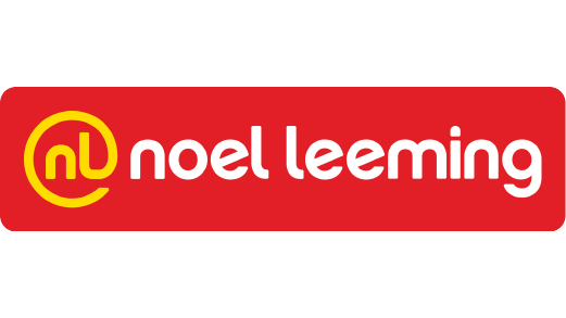 The logo for noel leeming is red and yellow and has a yellow circle around it.