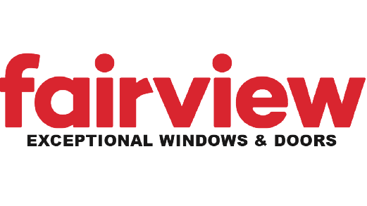 A red and white logo for fairview exceptional windows and doors.